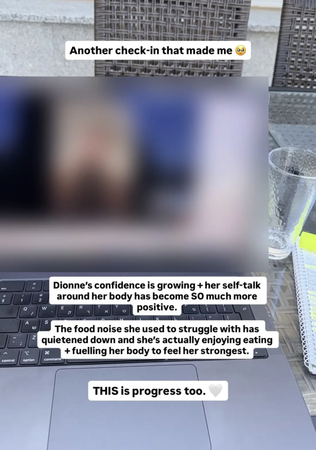 Maayan's shared check-in story, with the client and private screen details blurred
